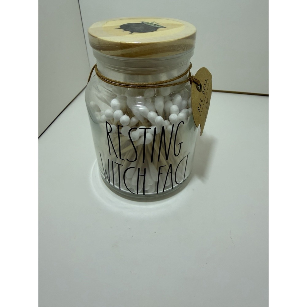 Rae Dunn "RESTING WITCH FACE" Glass Jar of Cotton Swabs w/ Cauldron On Wood Lid